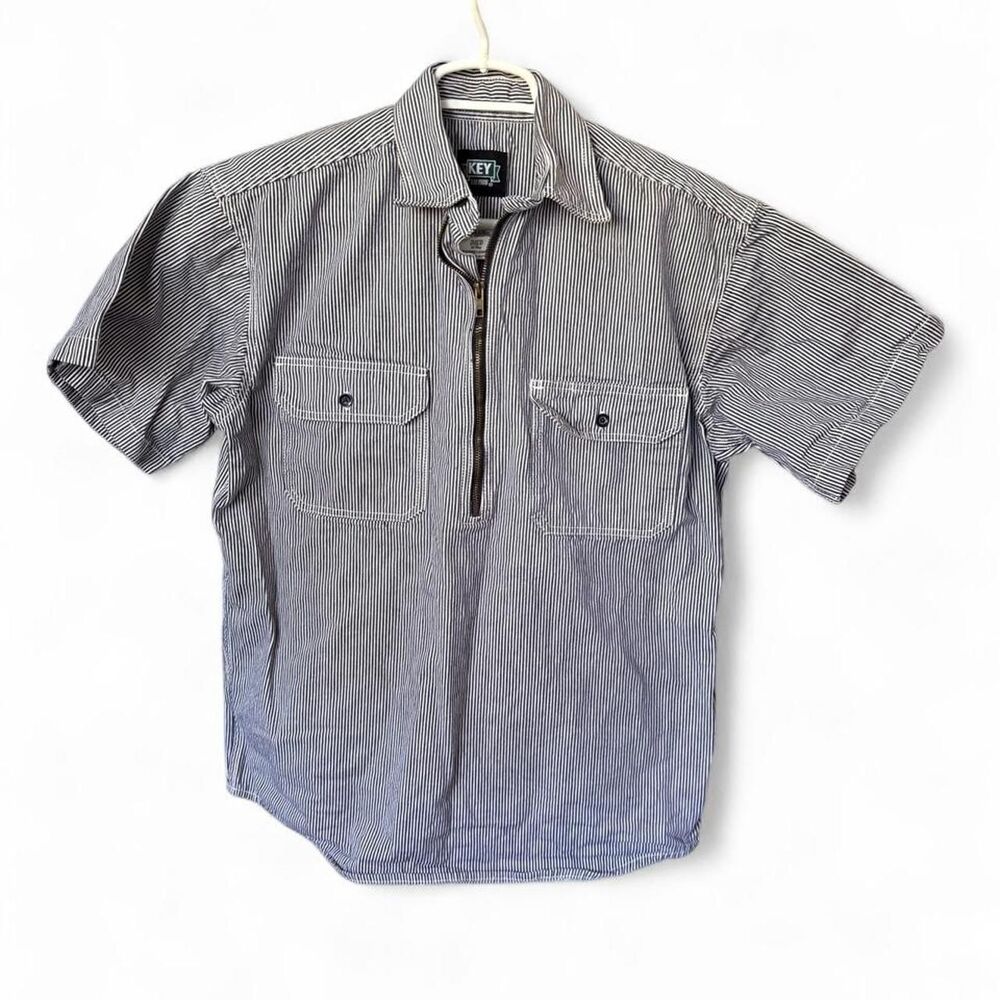 KEY Apparel Men’s M Hickory Stripe Half Zip Work Shirt Railroad Short Sleeve